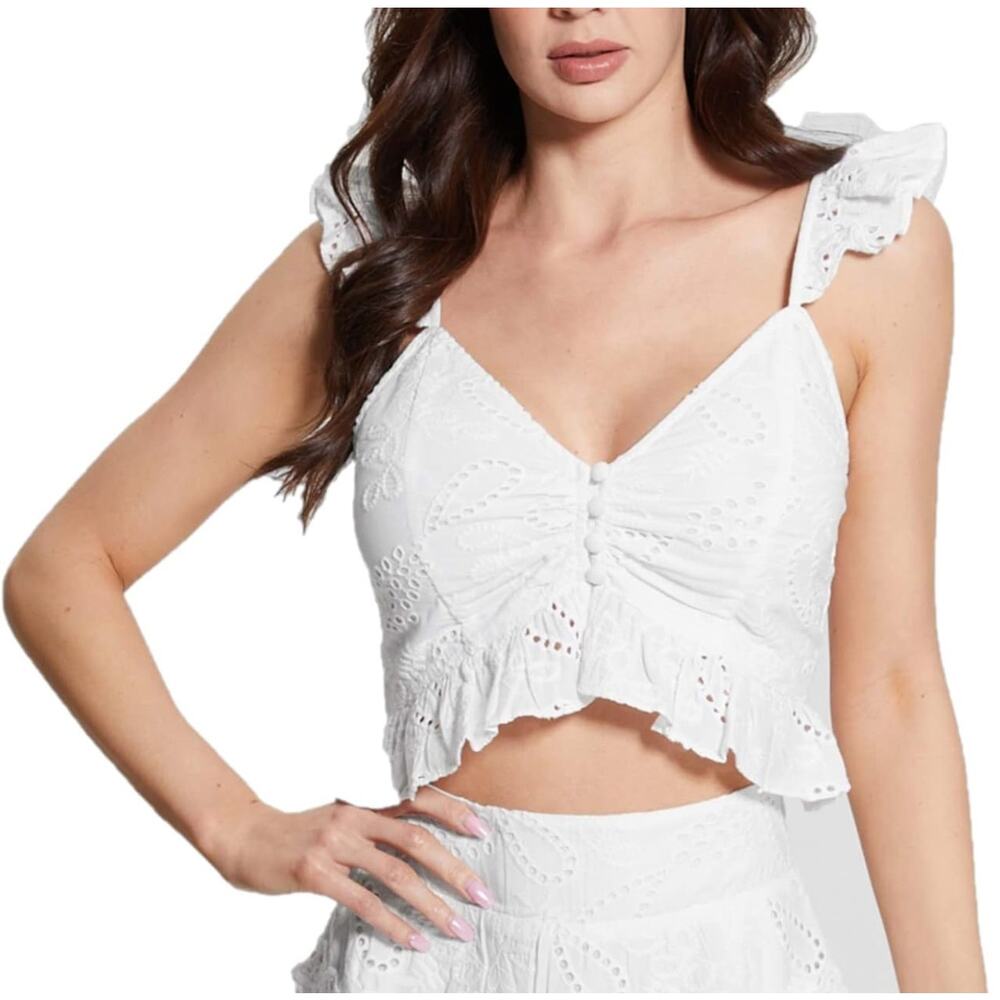 GUESS Women's Sleeveless Arielle Floral Eyelet Top medium